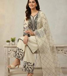 Beige cotton poly embroidered kurta set