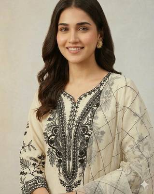 Beige cotton poly embroidered kurta set 3