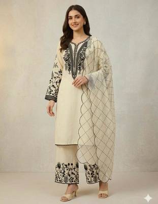 Beige cotton poly embroidered kurta set 1
