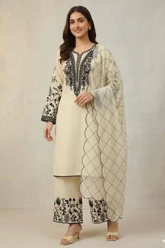 Beige cotton poly embroidered kurta set