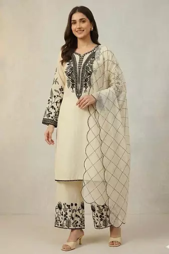 Beige cotton poly embroidered kurta set