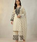 Beige cotton poly embroidered kurta set