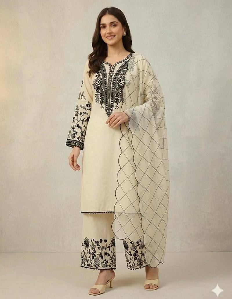 Beige cotton poly embroidered kurta set