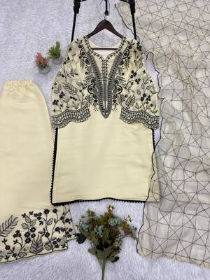 Beige cotton poly embroidered kurta set 4