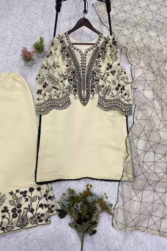 Beige cotton poly embroidered kurta set
