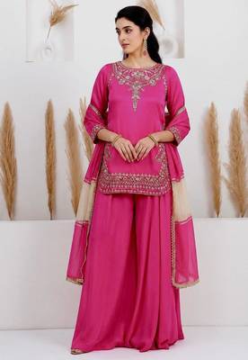 Pink crepe embroidered sharara set 1