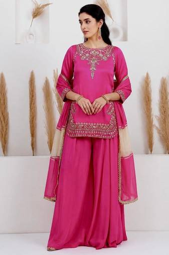 Pink crepe embroidered sharara set