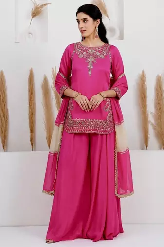 Pink crepe embroidered sharara set