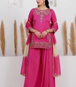 Pink crepe embroidered sharara set