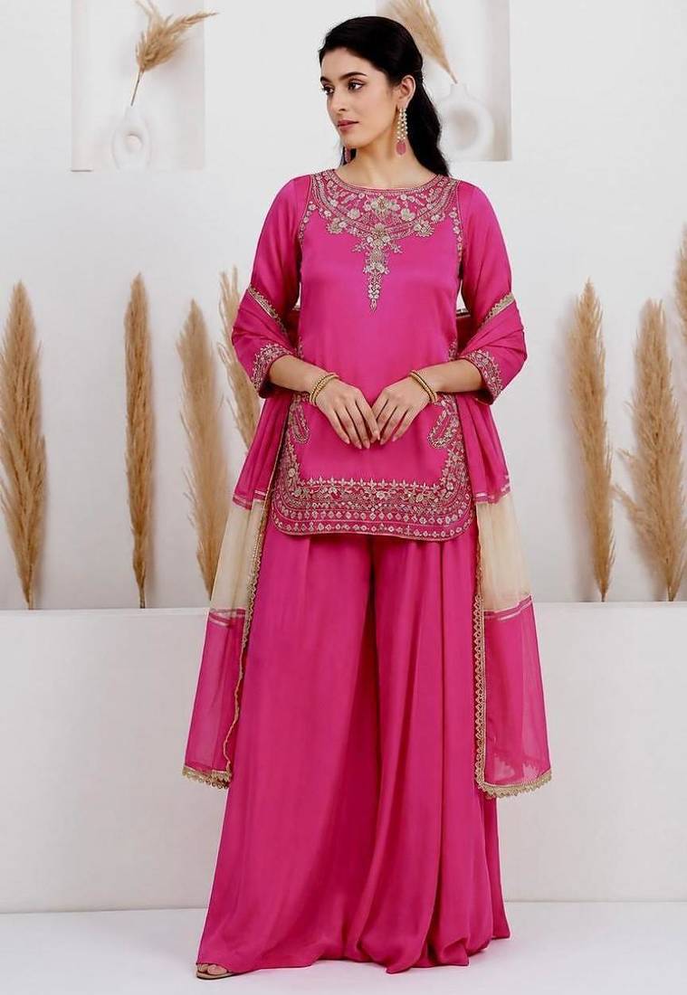 Pink crepe embroidered sharara set
