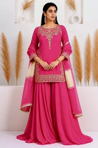 Pink crepe embroidered sharara set