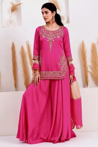 Pink crepe embroidered sharara set