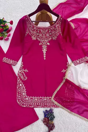 Pink crepe embroidered sharara set