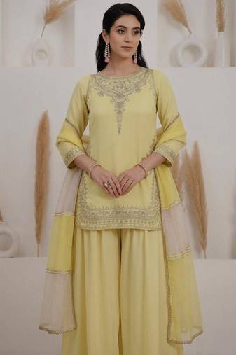 Yellow crepe embroidered sharara set