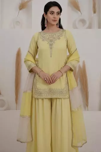 Yellow crepe embroidered sharara set