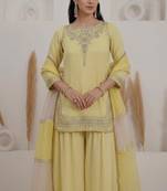 Yellow crepe embroidered sharara set