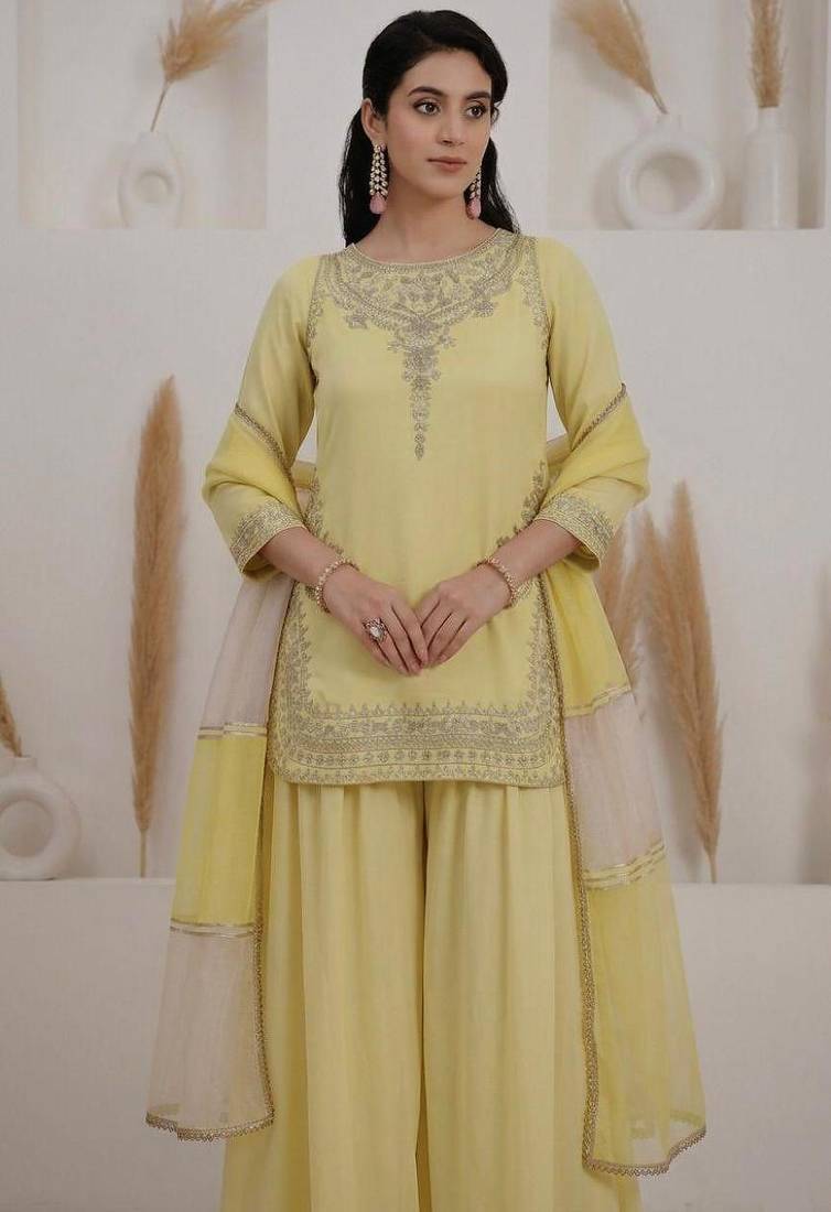 Yellow crepe embroidered sharara set