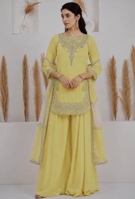 Yellow crepe embroidered sharara set 2