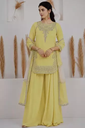 Yellow crepe embroidered sharara set