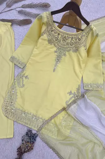 Yellow crepe embroidered sharara set