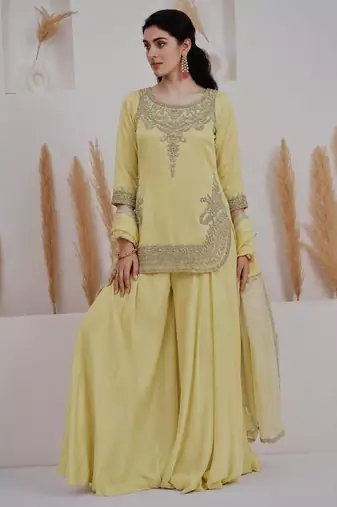 Yellow crepe embroidered sharara set