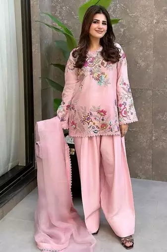 Pink crepe embroidered farshi salwar kameez