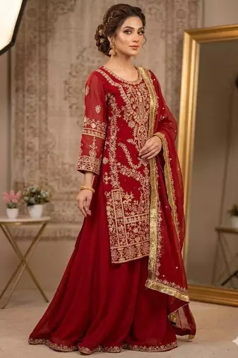 Red georgette embroidered sharara set