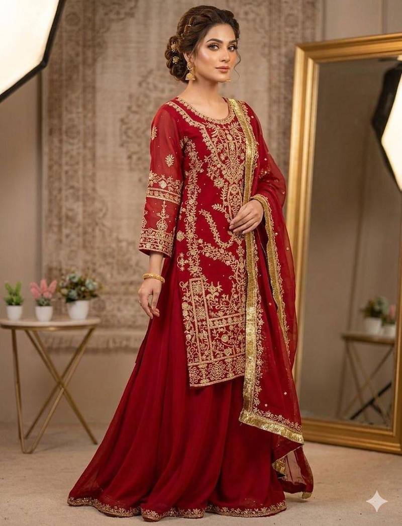 Red georgette embroidered sharara set