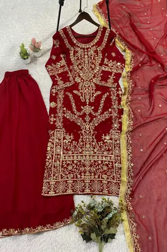 Red georgette embroidered sharara set
