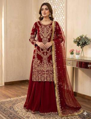 Red georgette embroidered sharara set 3