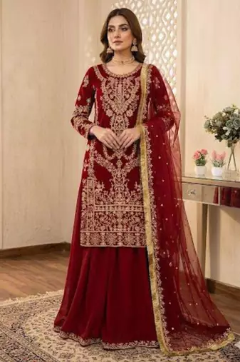 Red georgette embroidered sharara set