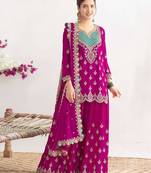 Magenta silk blend embroidered sharara set
