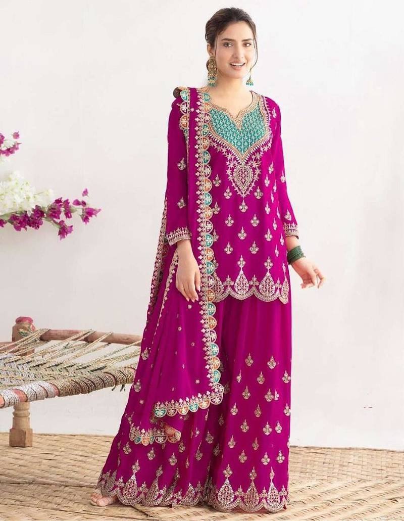 Magenta silk blend embroidered sharara set