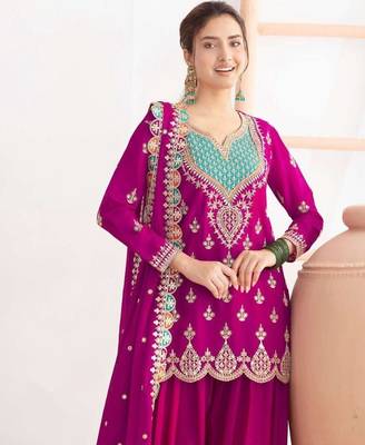Magenta silk blend embroidered sharara set 2