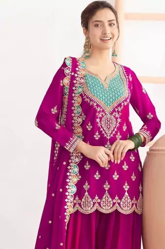 Magenta silk blend embroidered sharara set