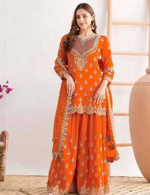 Orange silk blend embroidered sharara set 1