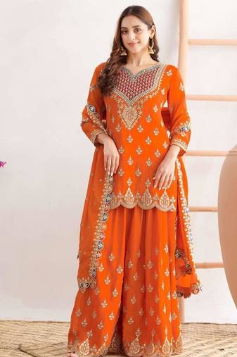 Orange silk blend embroidered sharara set