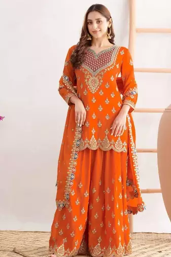 Orange silk blend embroidered sharara set