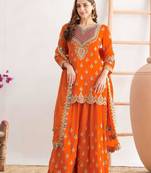 Orange silk blend embroidered sharara set