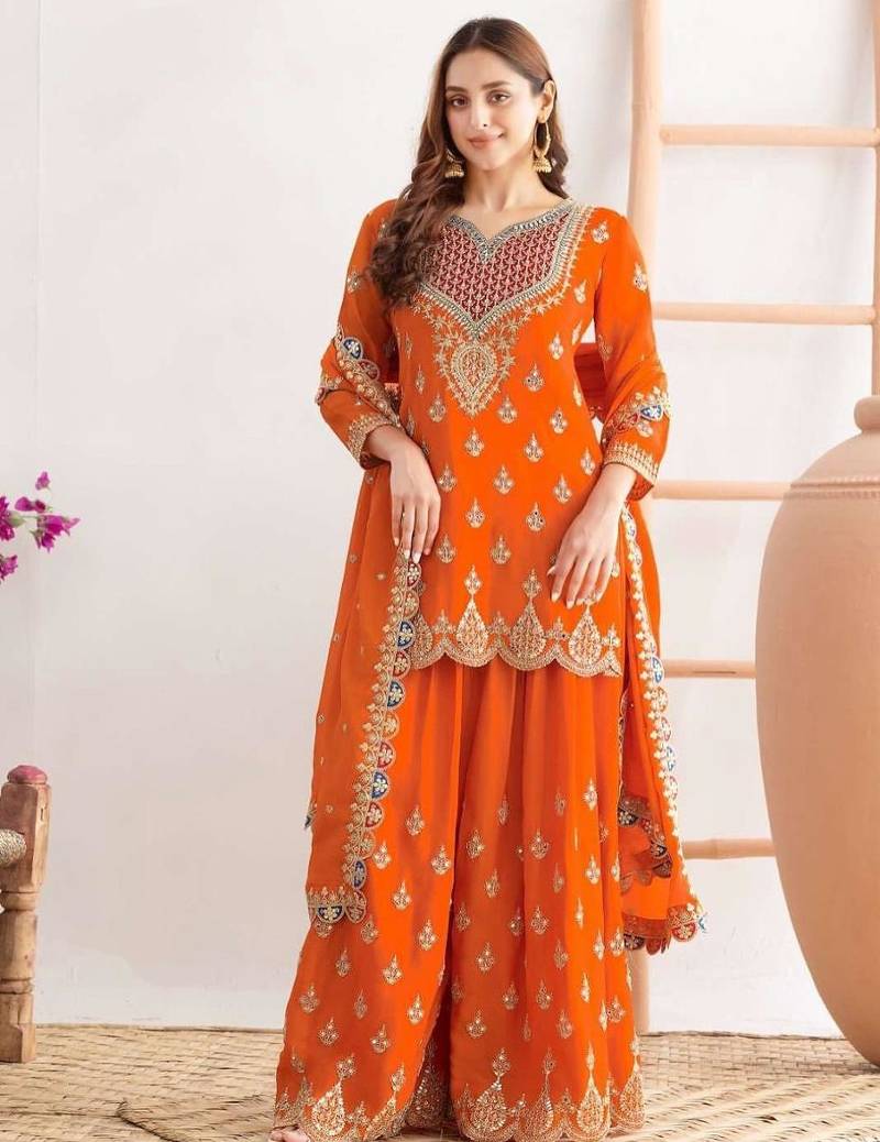 Orange silk blend embroidered sharara set