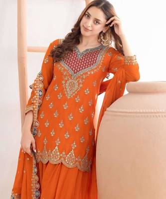 Orange silk blend embroidered sharara set 2