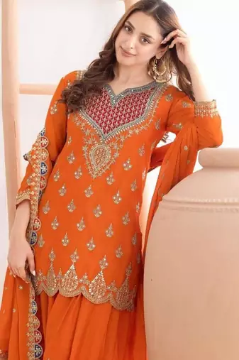 Orange silk blend embroidered sharara set