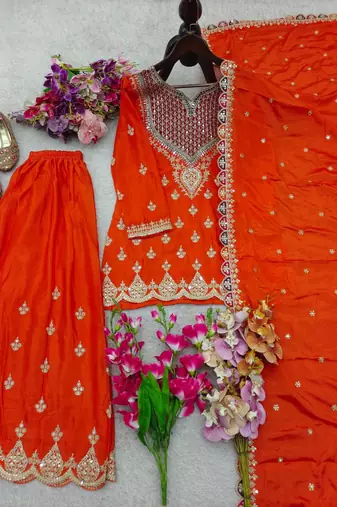 Orange silk blend embroidered sharara set