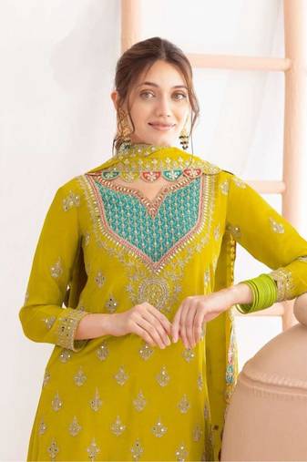 Mustard silk blend embroidered sharara set