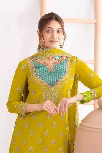 Mustard silk blend embroidered sharara set