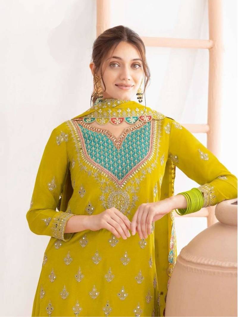 Mustard silk blend embroidered sharara set