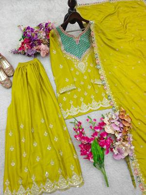 Mustard silk blend embroidered sharara set 2