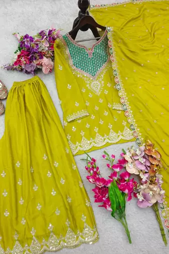 Mustard silk blend embroidered sharara set