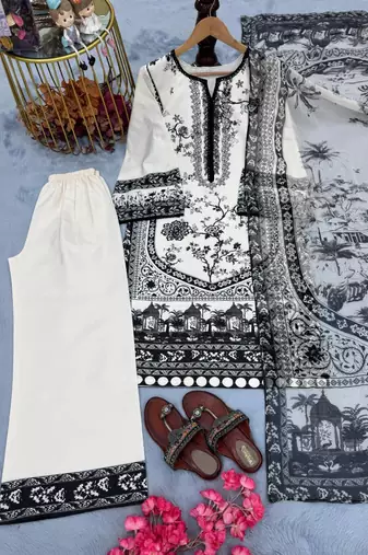 White satin embroidered palazzo set