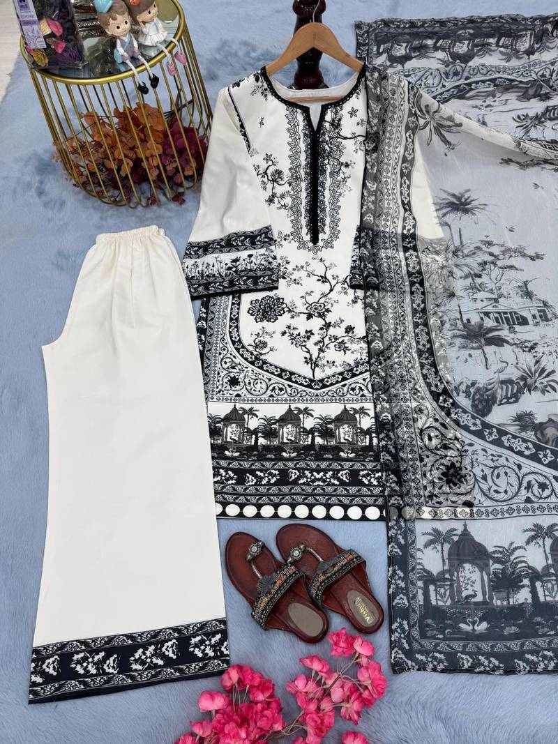 White satin embroidered palazzo set